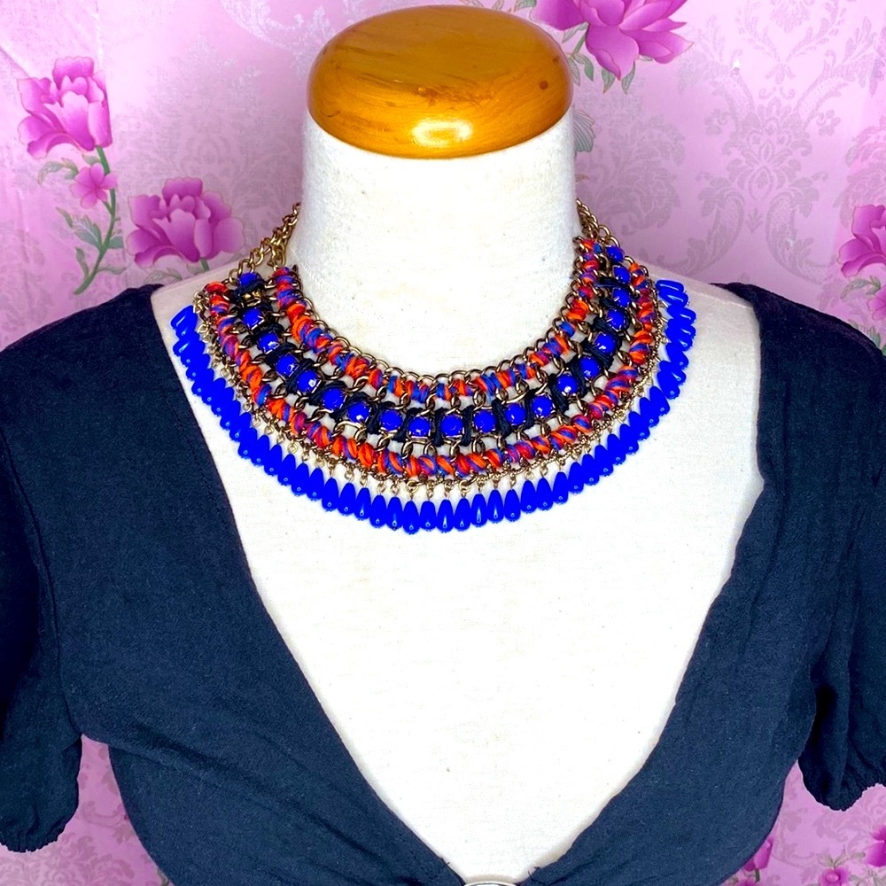 🌹 Bohemian Style Broad Royal Blue Bead & Red Interwoven Thread Gold Necklace 🌹